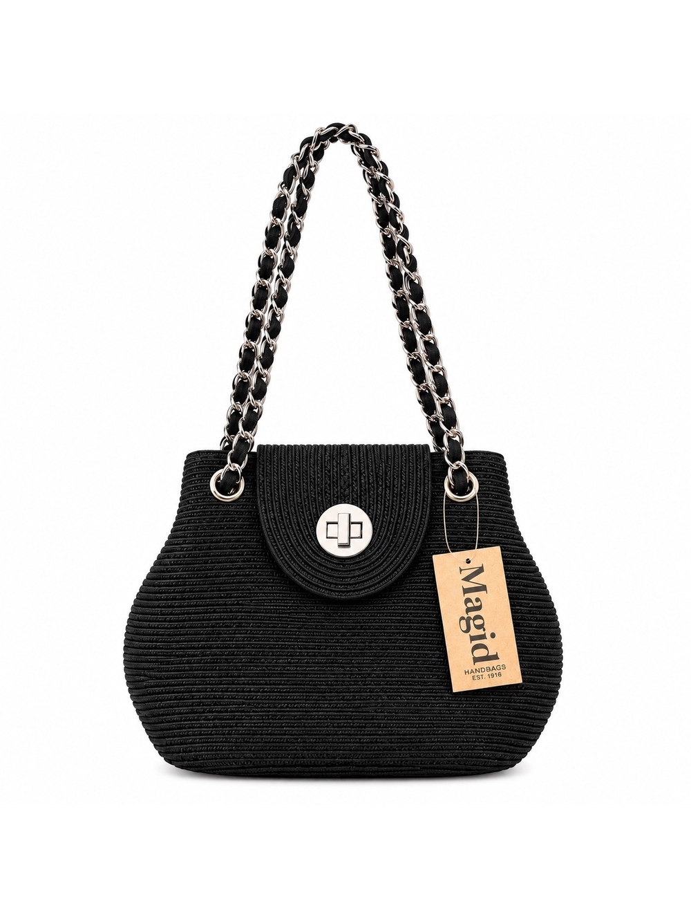 Magid, NWT Black Woven Straw Shoulder Bag, silver-tone Chain Straps,6compartment